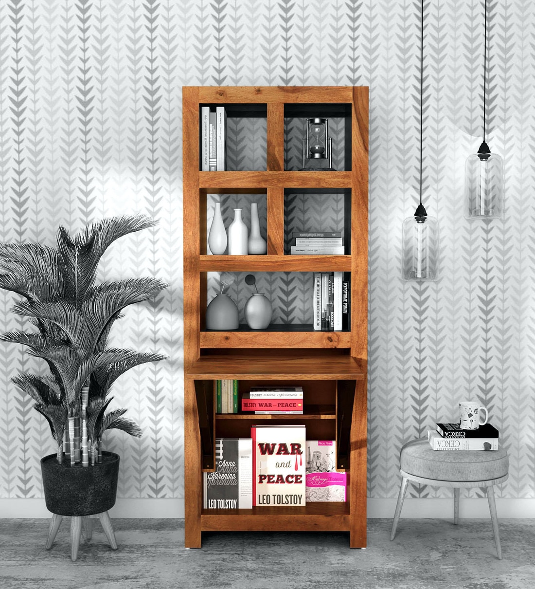 Buy Acropolis Solid Wood Book Shelf with Folding Study Table in Rustic