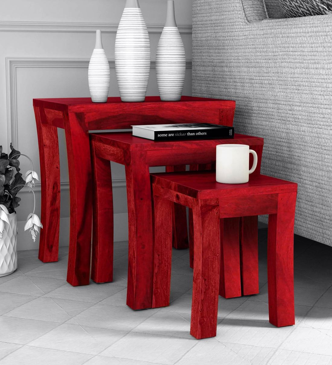 Buy Acropolis Sheesham Wood Nest Of Tables In Spicy Red Finish At