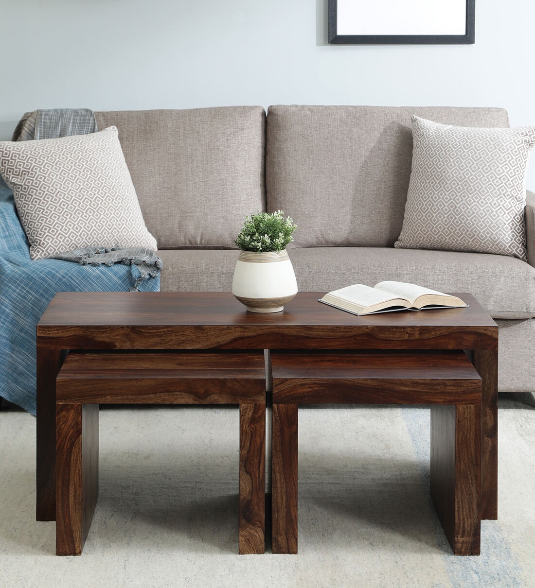 Buy Acropolis Sheesham Wood Nesting Coffee Table Set In Provincial Teak Finish With Stools At