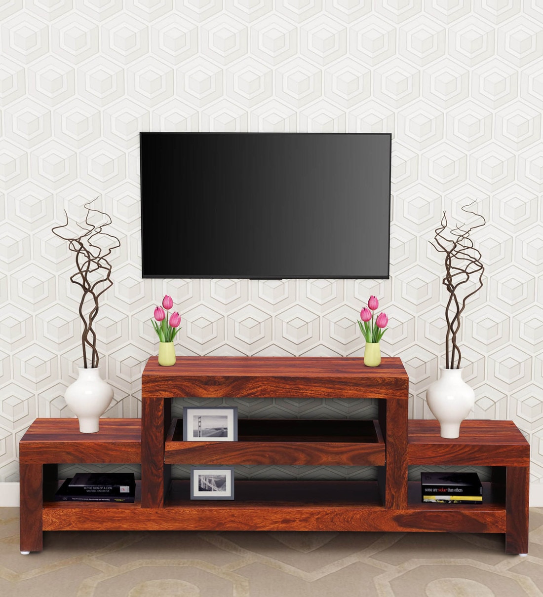Buy Acropolis Solid Wood TV Shelf in Honey Oak Finish By Woodsworth