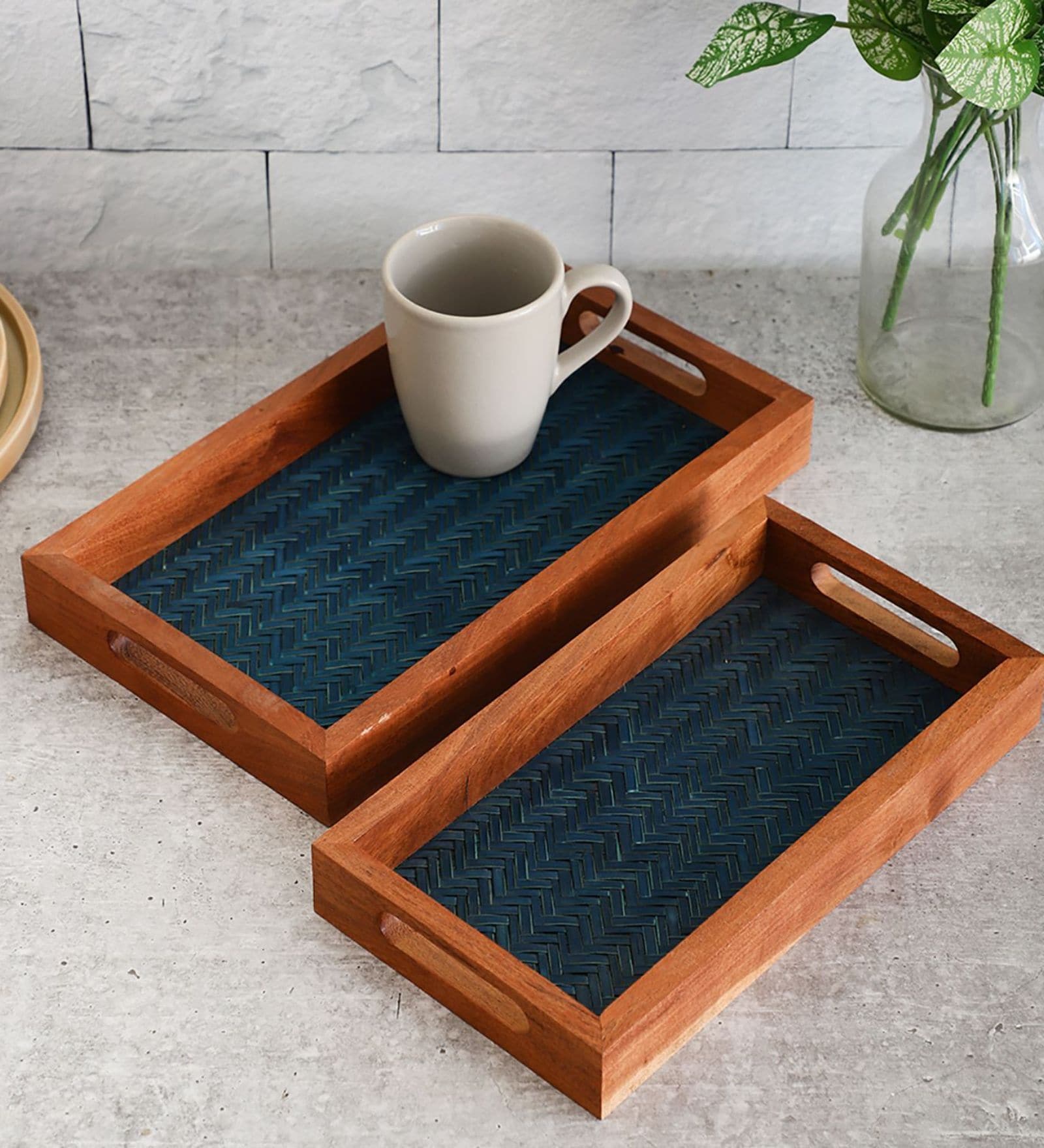 Acacia Wood Blue Chatai Trays Set