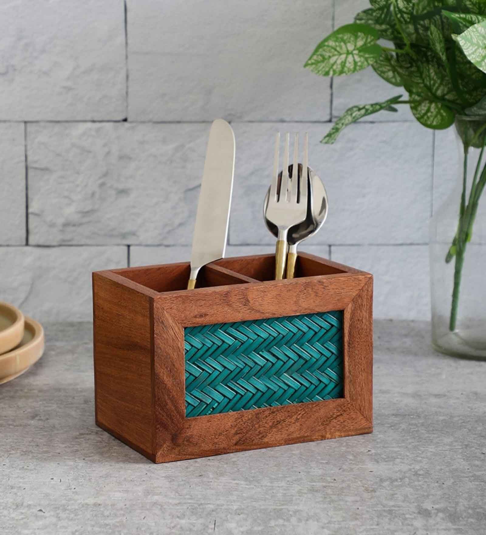 Acacia Wood Green Chatai Two Part Cutlery Holder