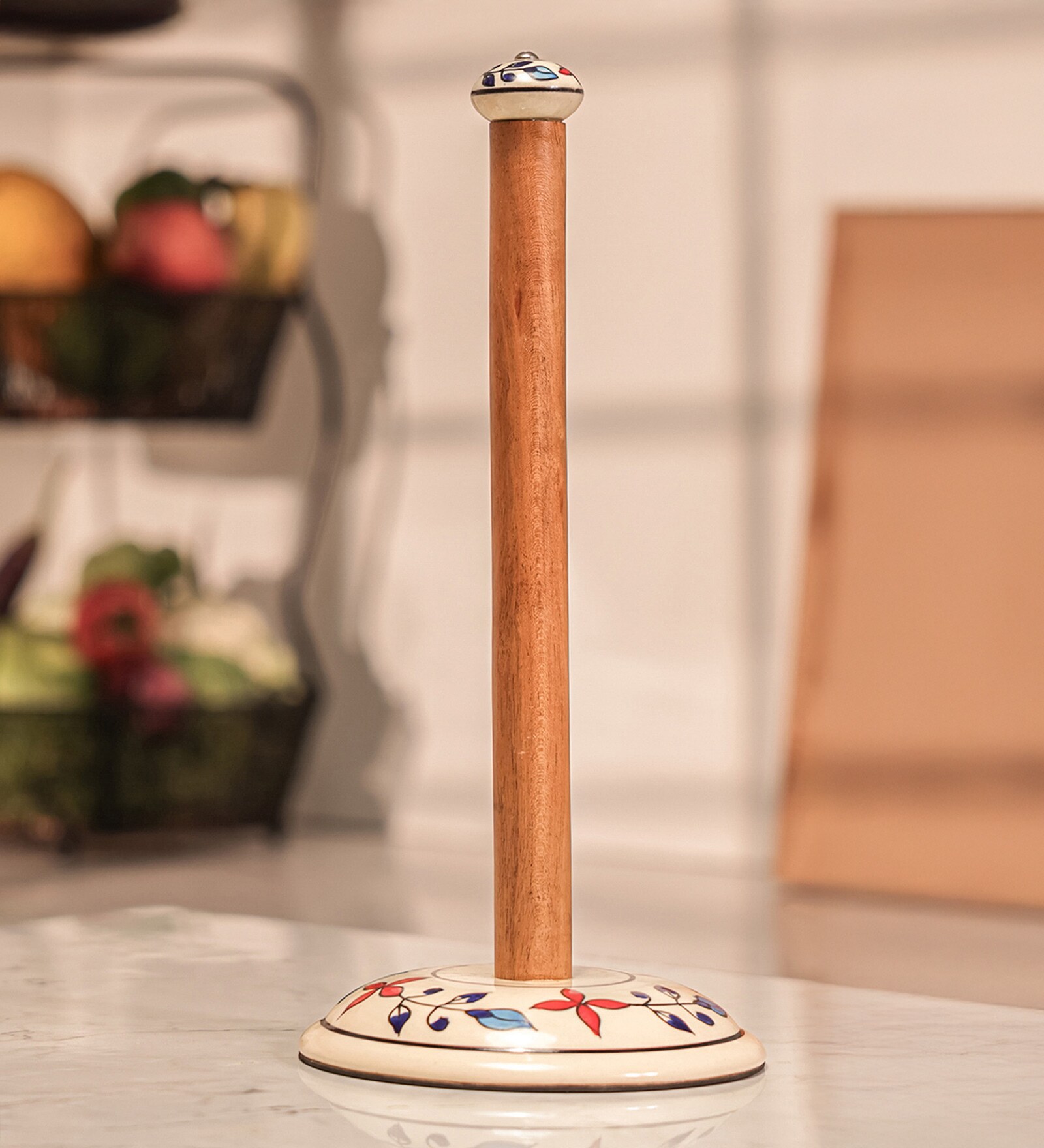 Acacia Wood Paper Towel Holder with Ceramic Base