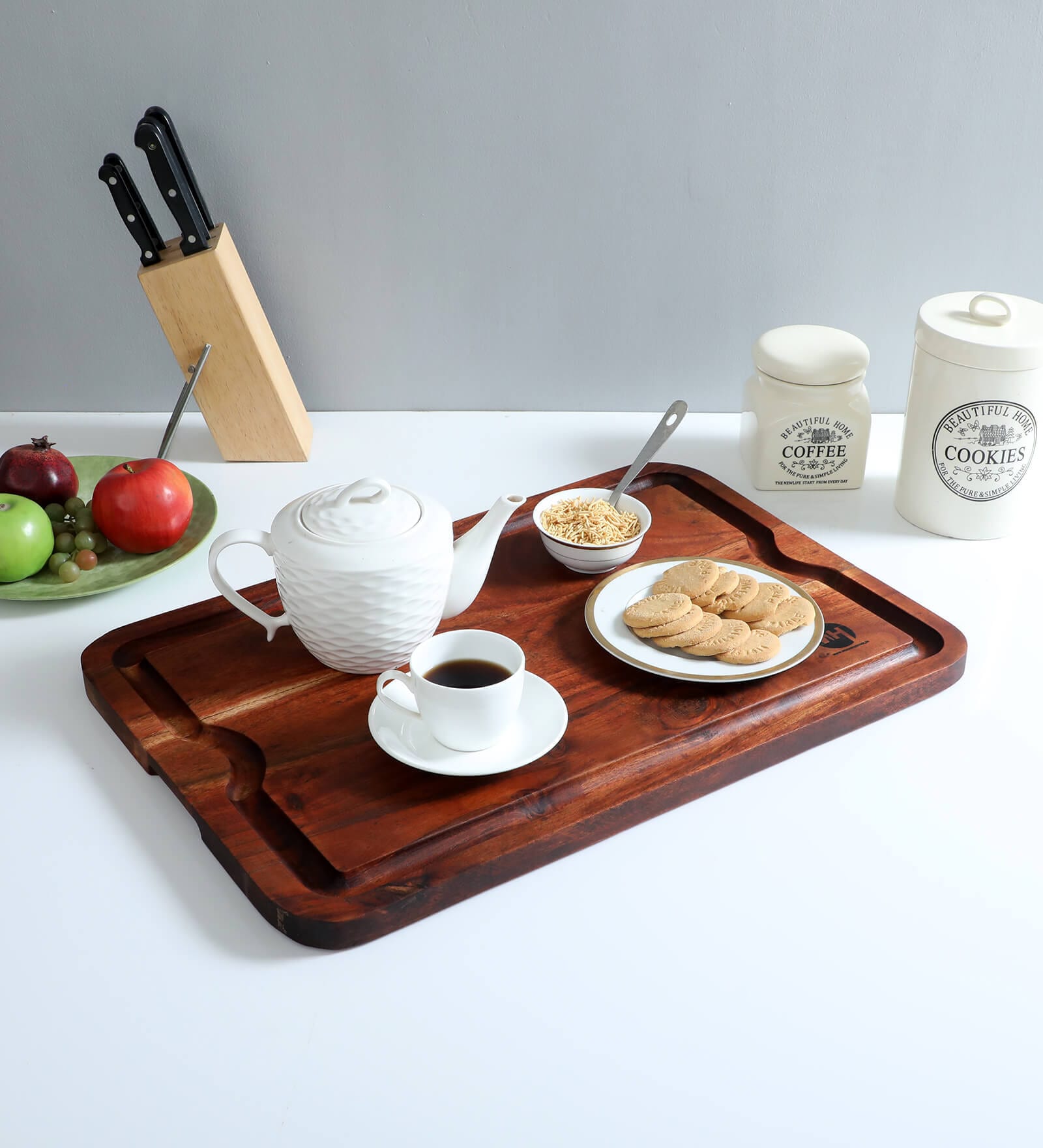 Acacia Wood Rectangle  Serving Tray in Natural Finish
