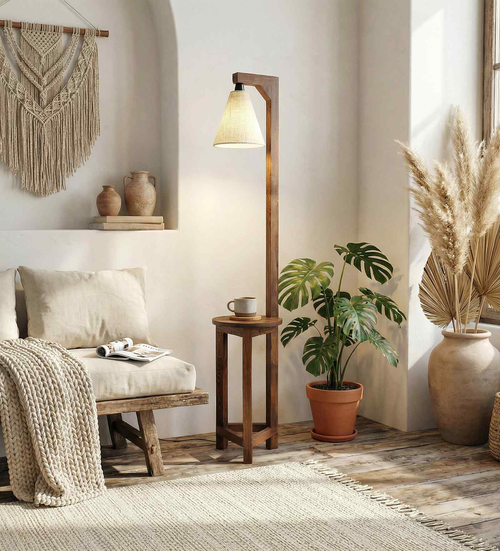 Accent Wooden Shelf Floor Lamp with Jute Shade and Brown Base