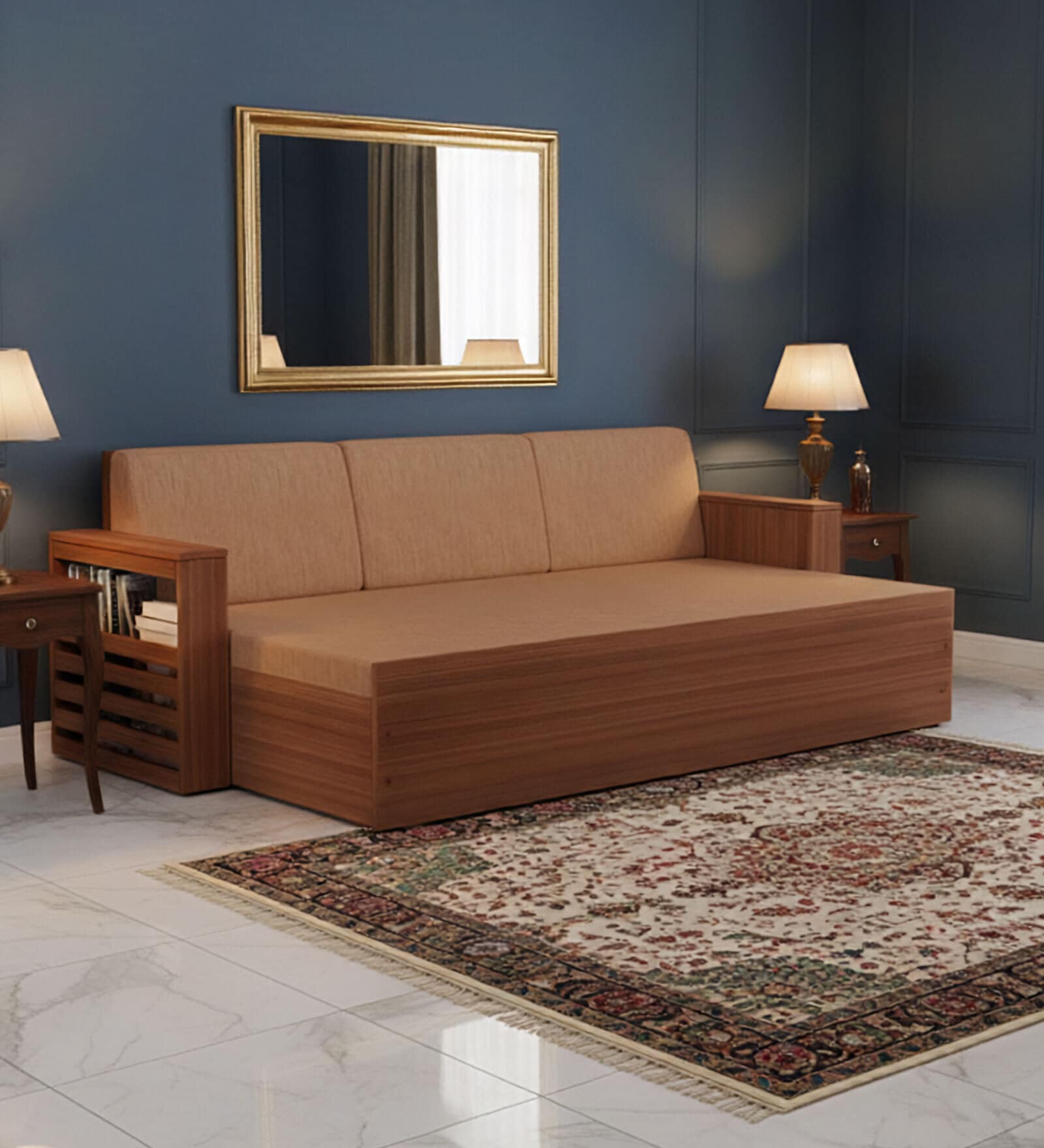 Ace Double Sized Pull-Out Sofa Cum Bed With Box Storage In Teak Finish