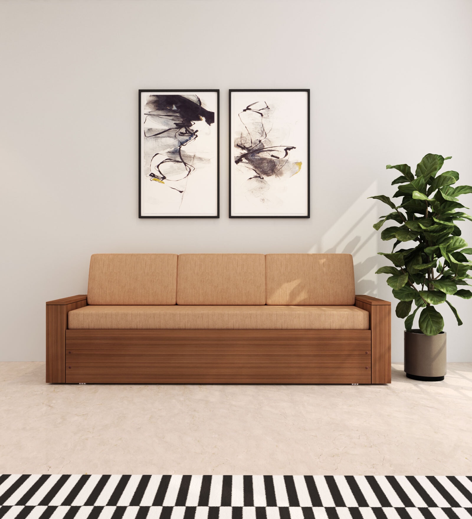 Ace Double Sized Pull-Out Sofa Cum Bed With Box Storage In Teak Finish
