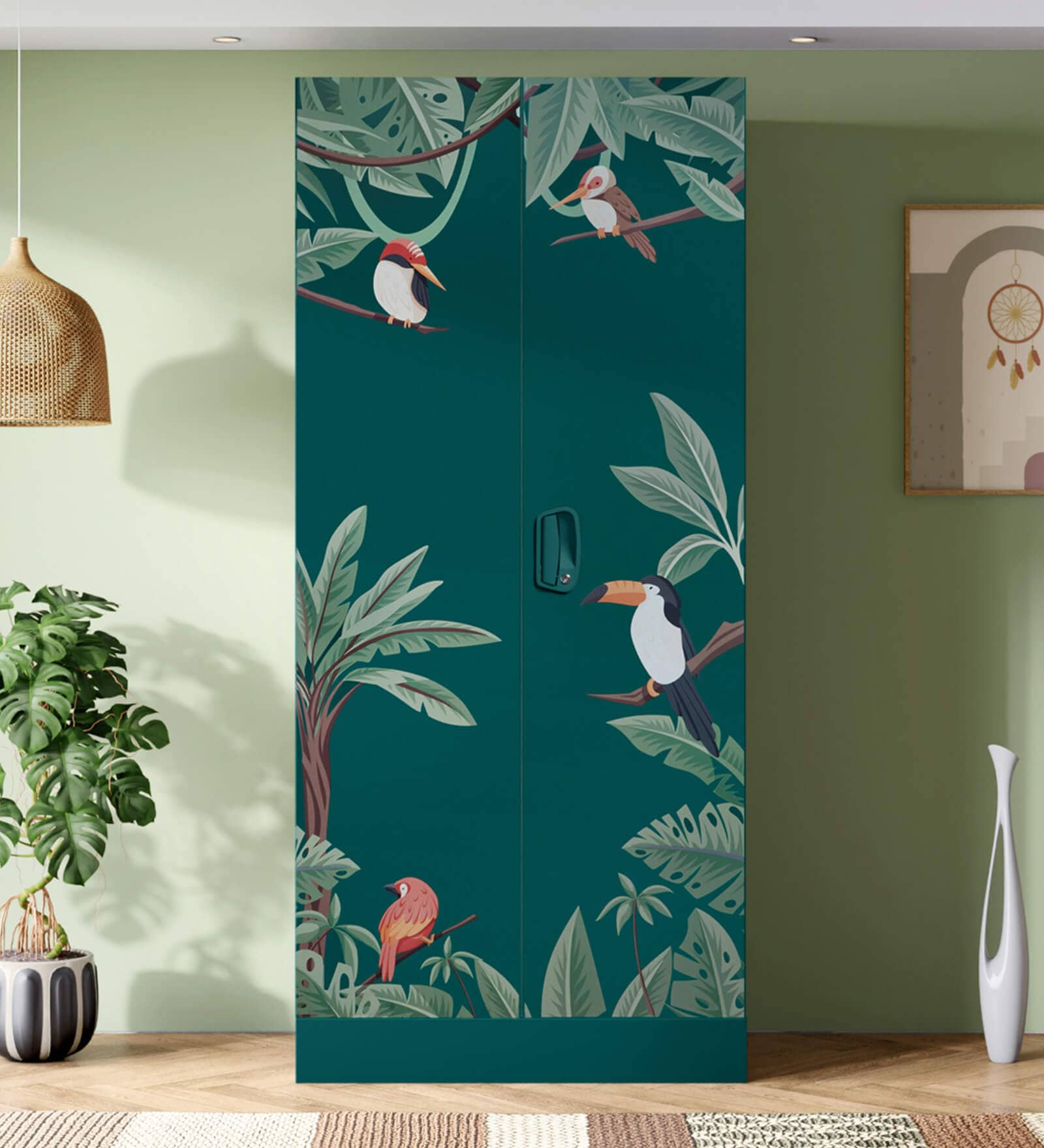 Aceline Printed Steel 2 Door Wardrobe In Textured Foliage Green Colour With Locker Aceline Printed Steel 2 Door Wardrobe In Textured Foliage Green Colour With Locker