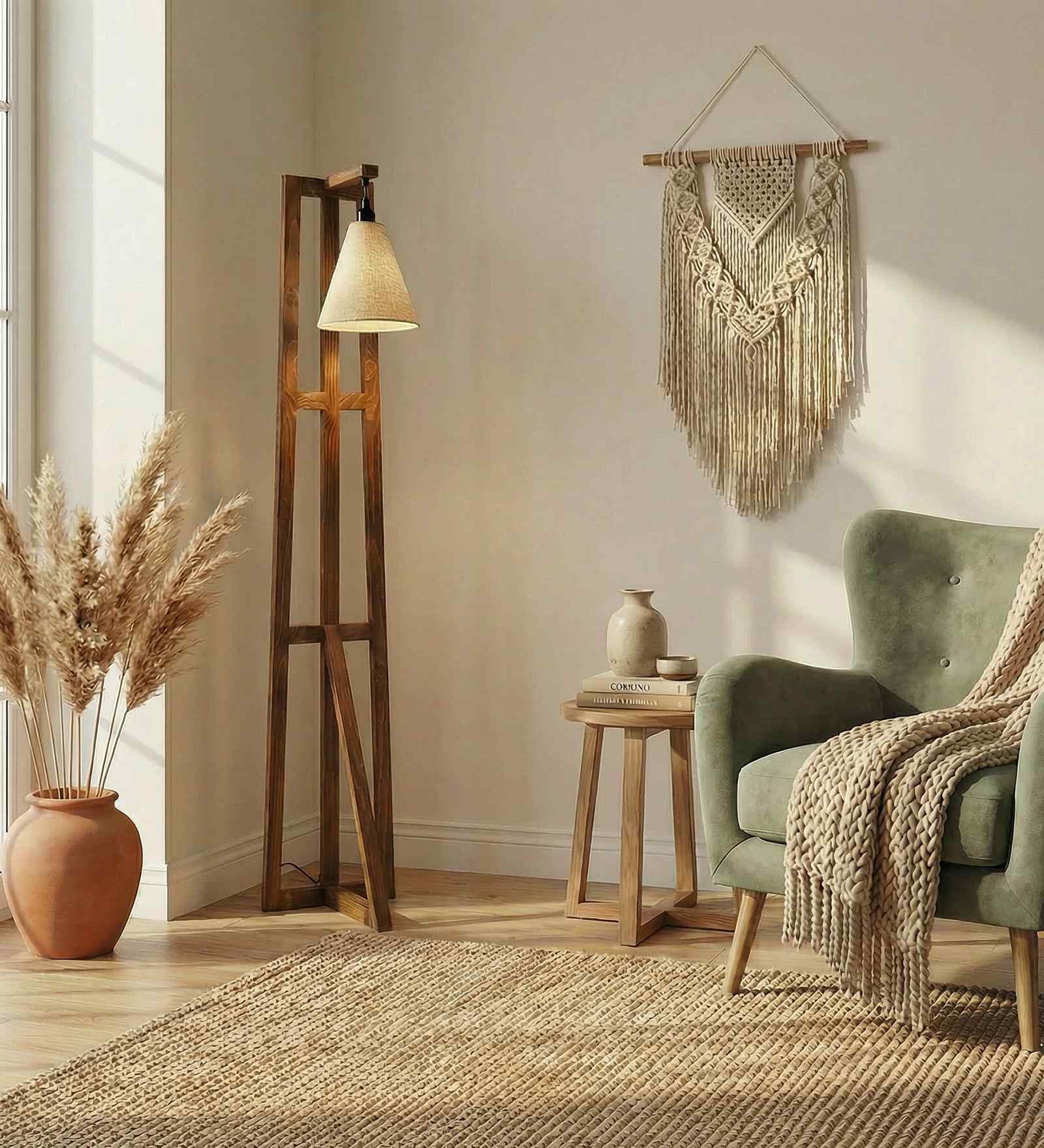 Achille Wooden Floor Lamp with Jute Shade & Brown Base