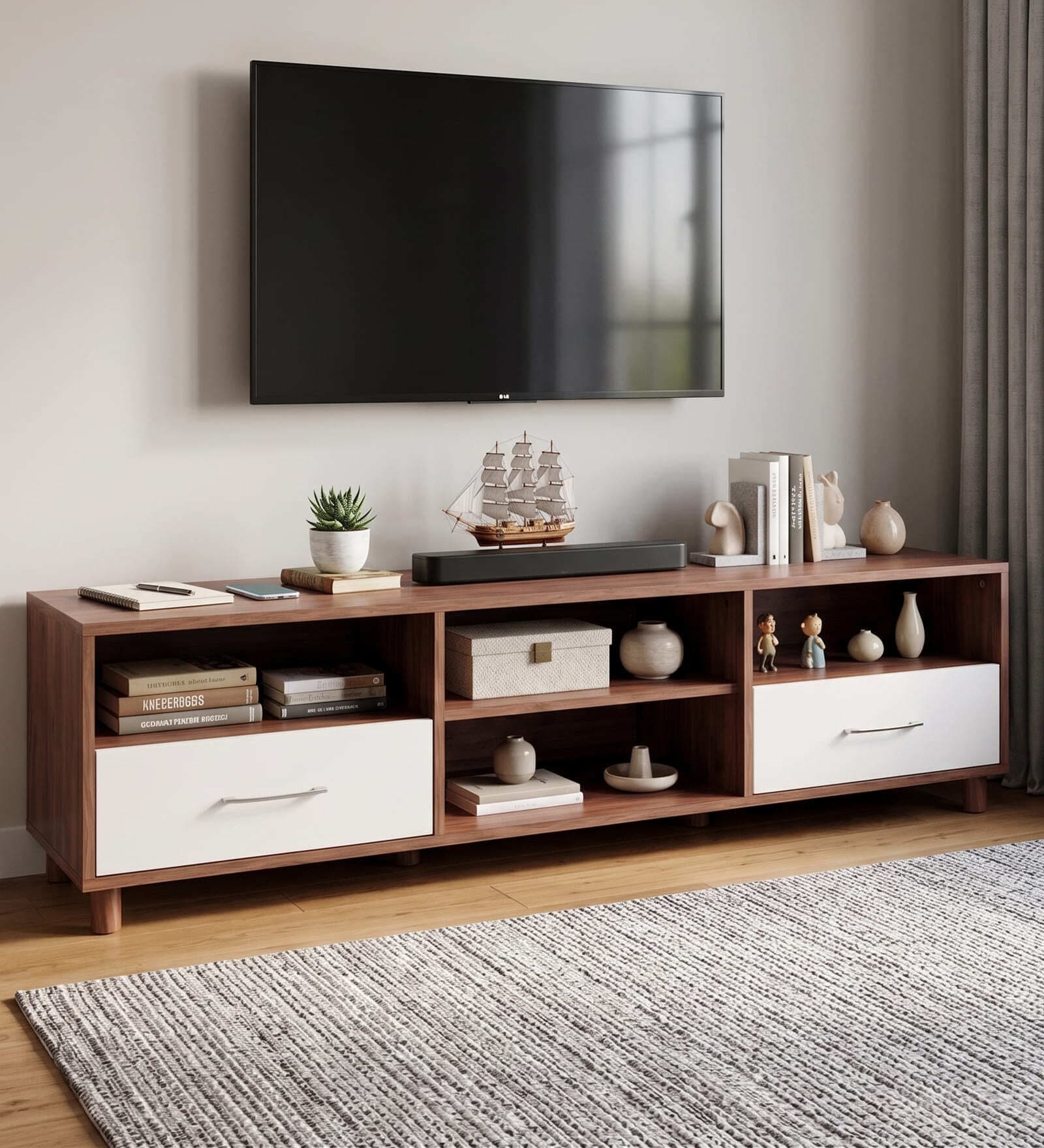 Acro TV Unit In Planked Walnut and White Finish