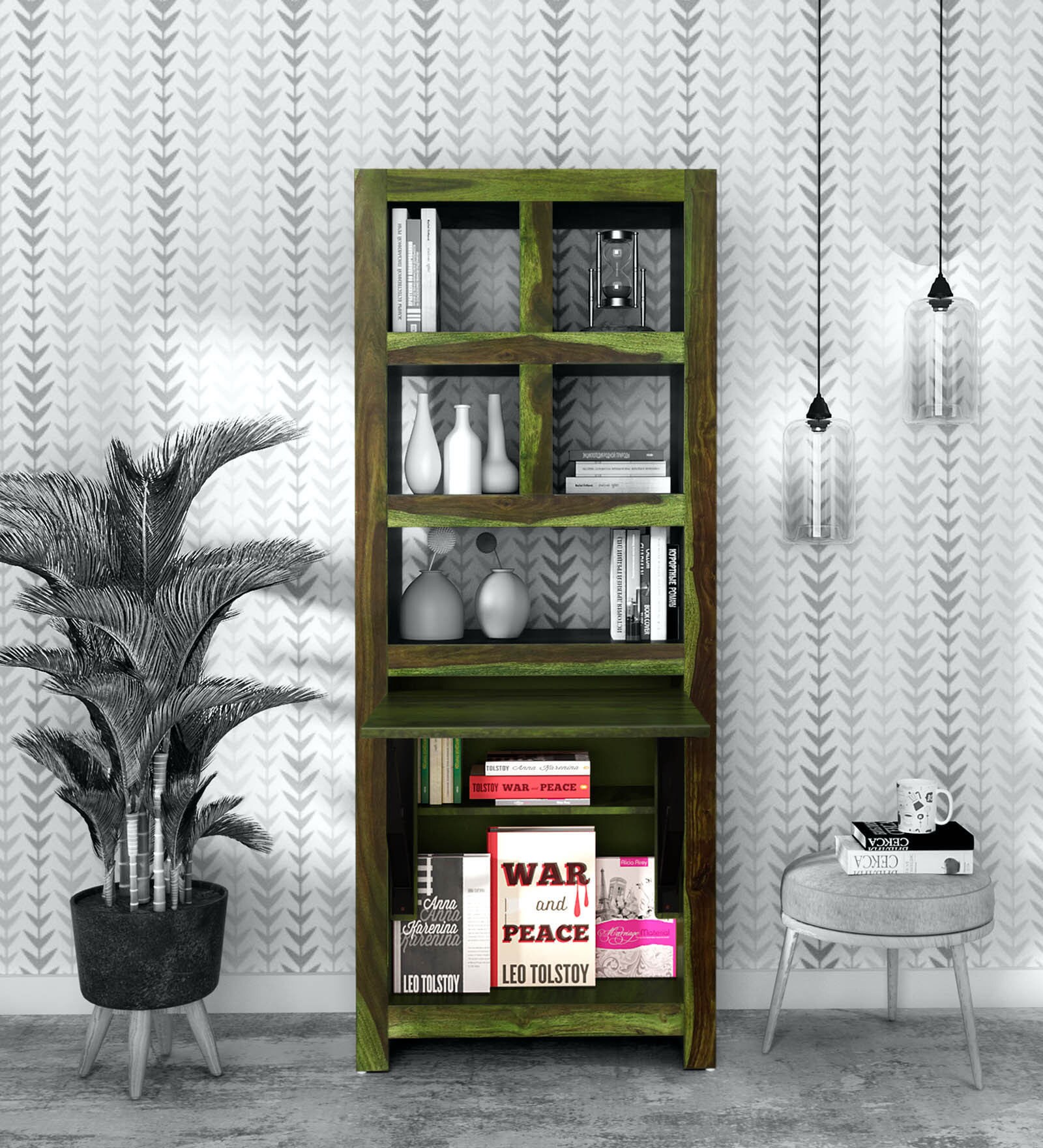 Acropolis Sheesham Wood Book Shelf with Folding Study Table in Spring Green Finish