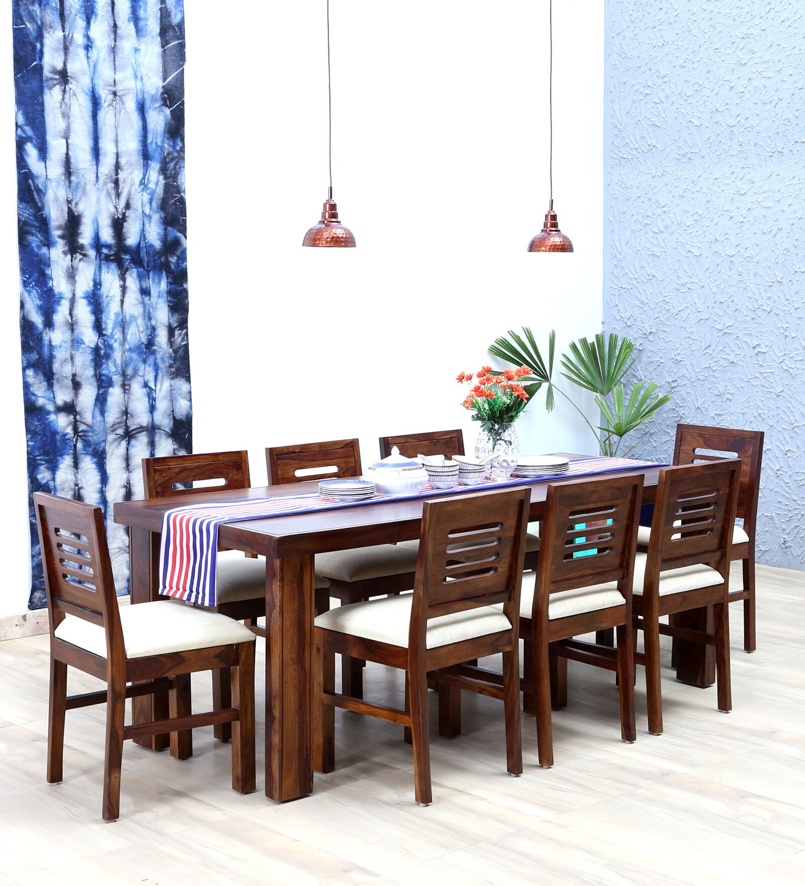 Buy Acropolis Solid Wood Cushioned Eight Seater Dining Set In Provincial Teak Finish At Off