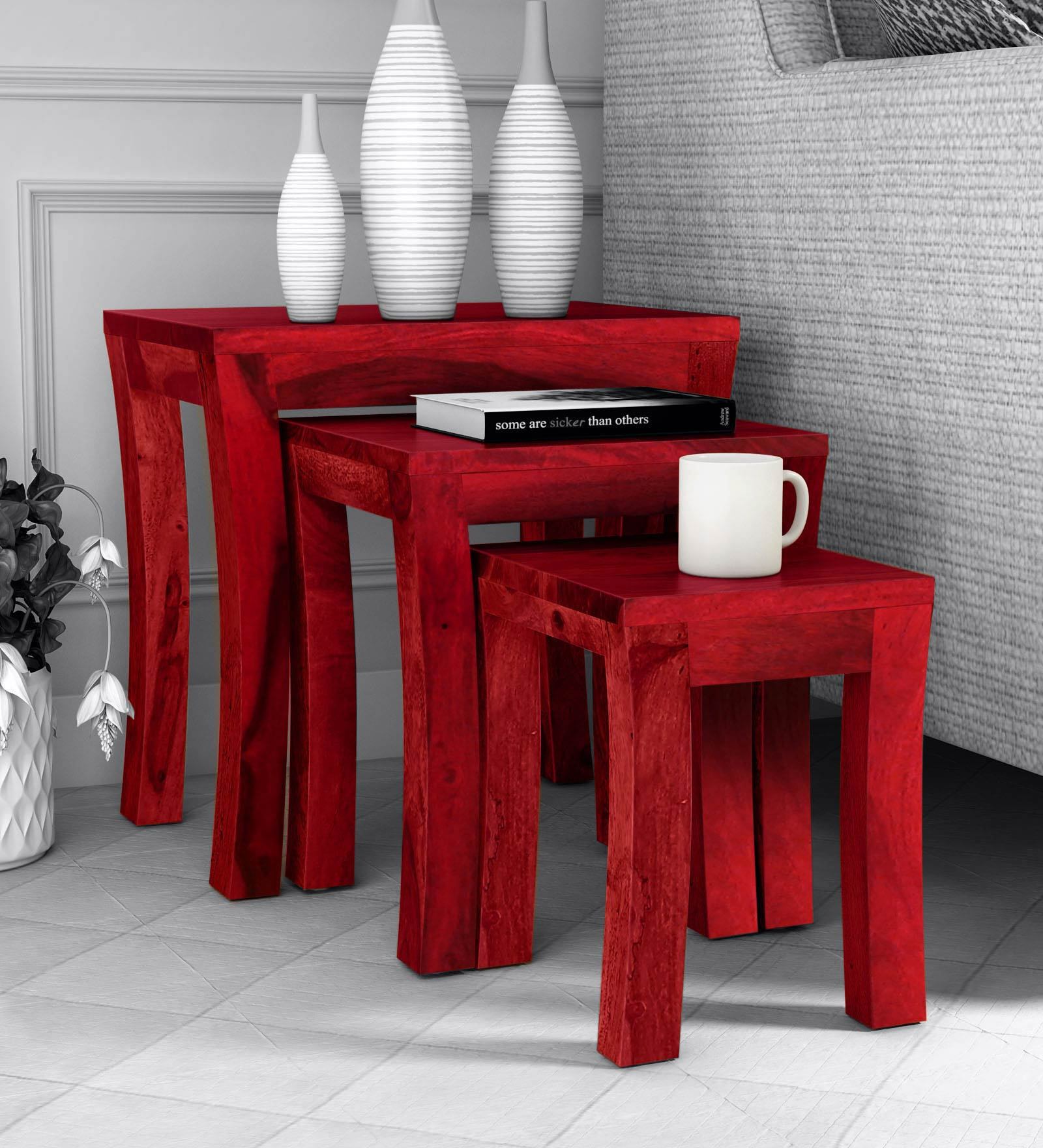 Buy Acropolis Solid Wood Nest Of Tables In Spicy Red Finish Woodsworth By Pepperfry Online