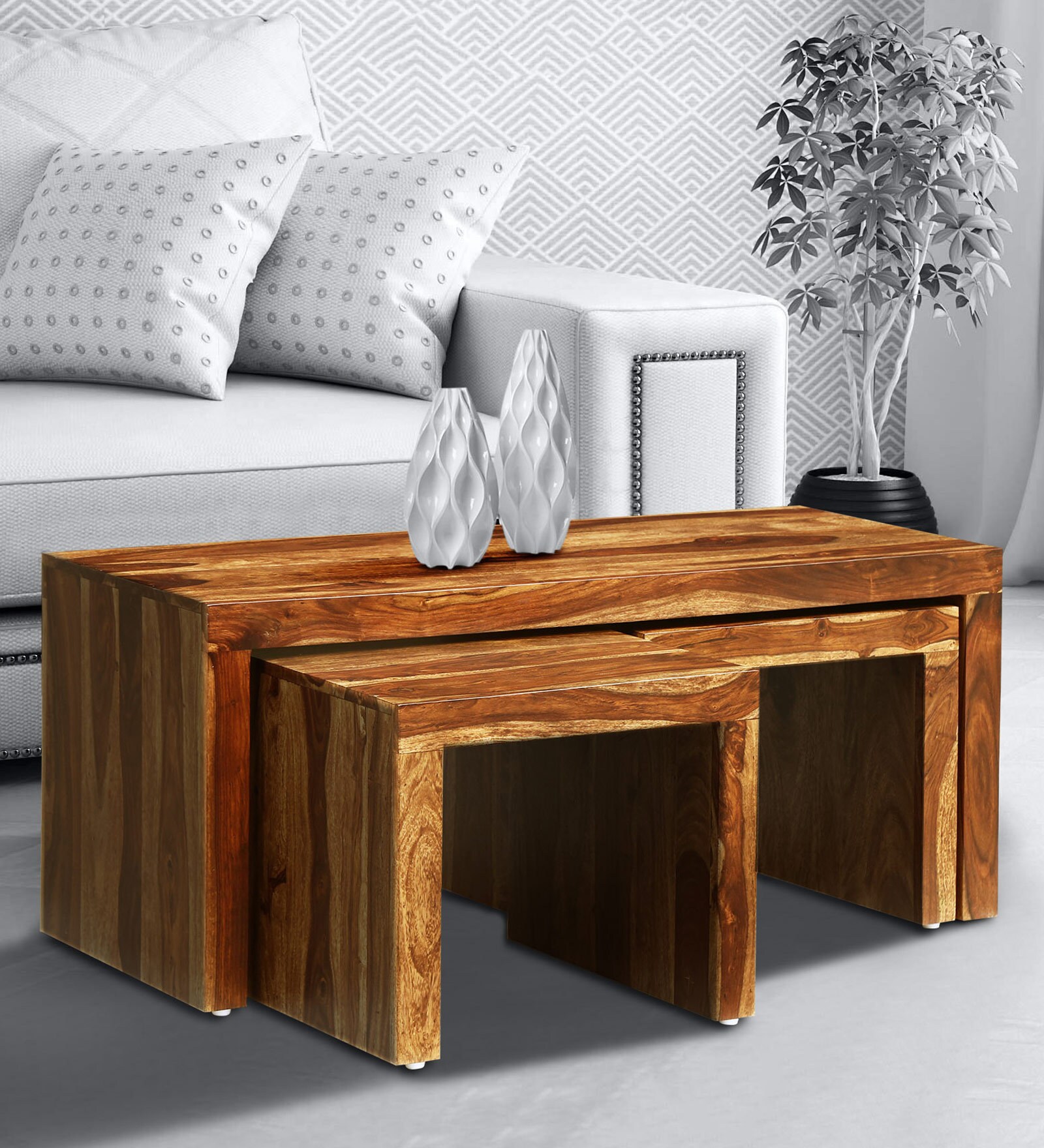 Acropolis Sheesham Wood Nesting Coffee Table Set in Rustic teak Finish With Stools