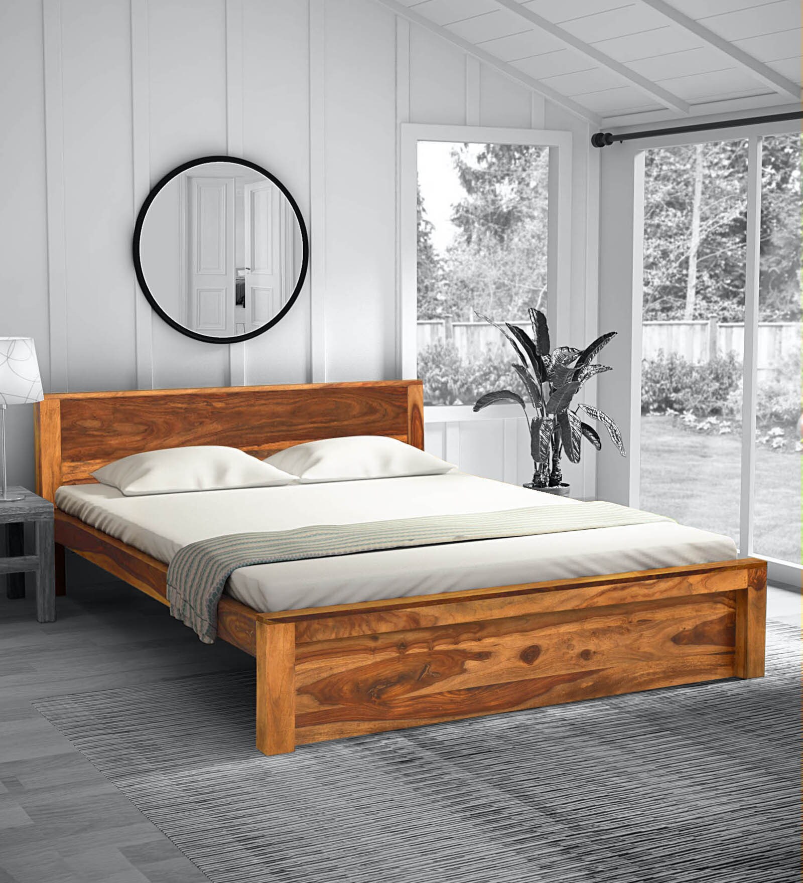 Acropolis Sheesham Wood Queen Size Bed In Rustic Teak Finish