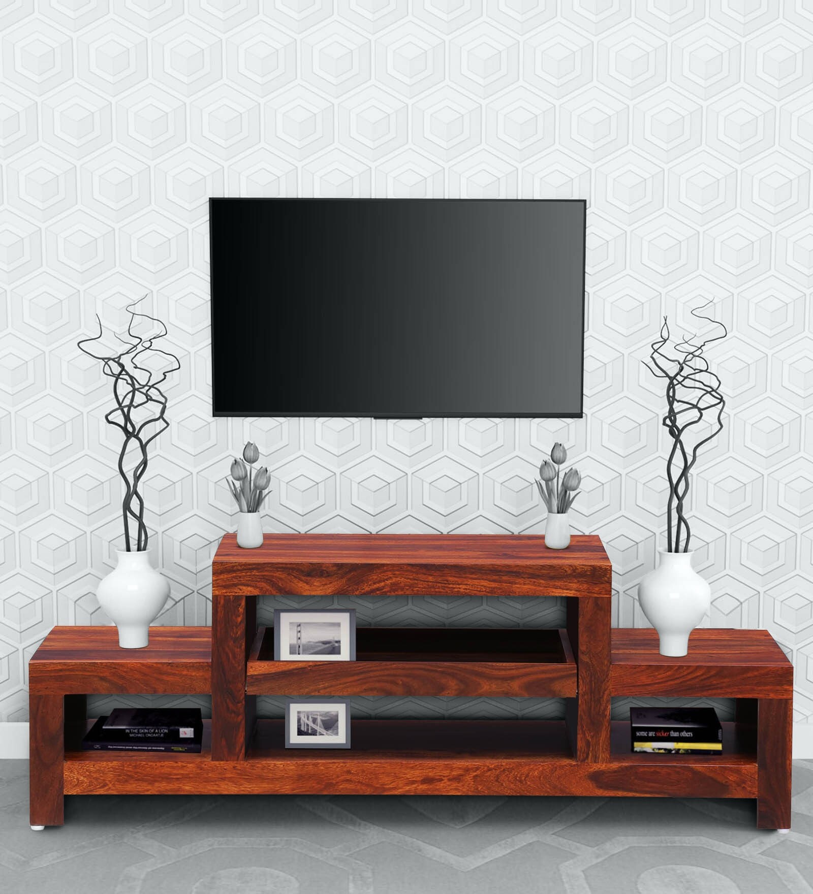 Acropolis Sheesham Wood Tiered TV Console in Honey Oak Finish