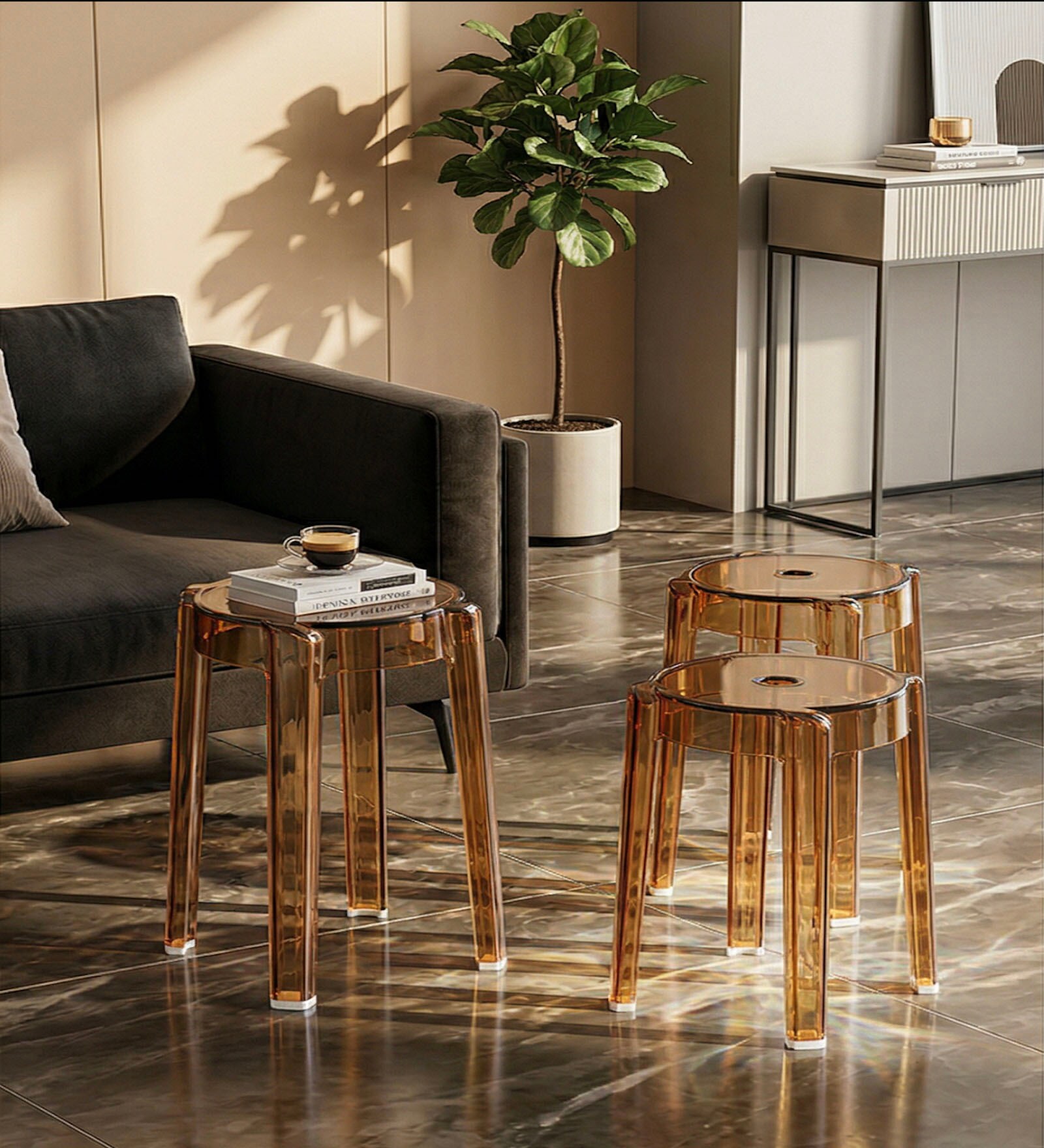 Acrylic Finish Taupe  Crystal End Table (Set of 3)
