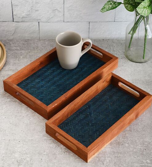 Acacia Wood Blue Chatai Trays Set