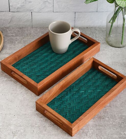 Acacia Wood Green Chatai Trays Set