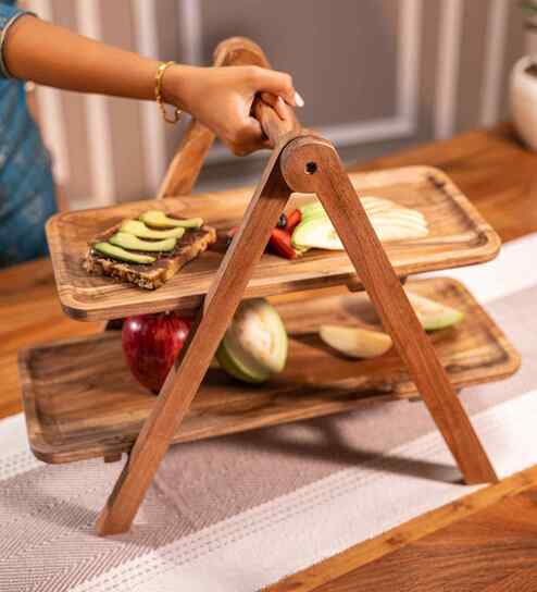 Two Tier Acacia Wood Serving Tray with Stand