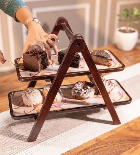 Acacia Wood Two Tier Stand with Enamel Print