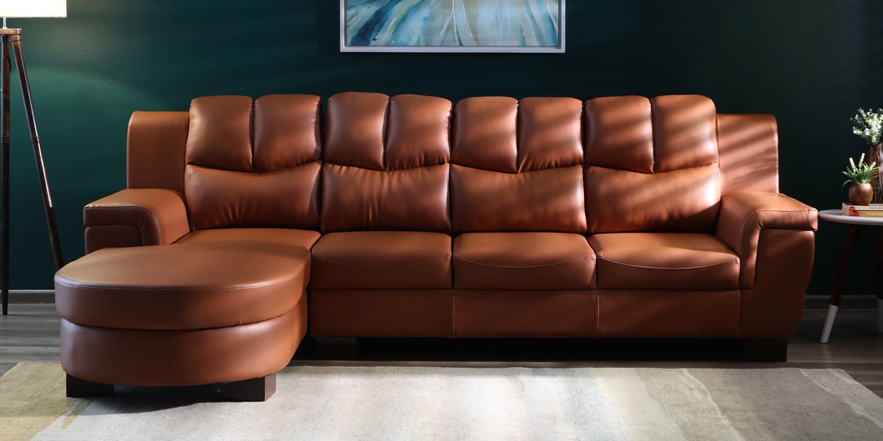 Buy Agropoli Leatherette RHS Sectional Sofa (3 + Lounger) In Tan Finish