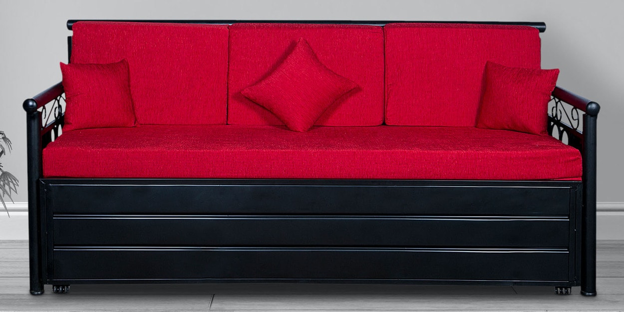 Buy Adrian Metallic Sofa cum Bed with Cushions in Red 