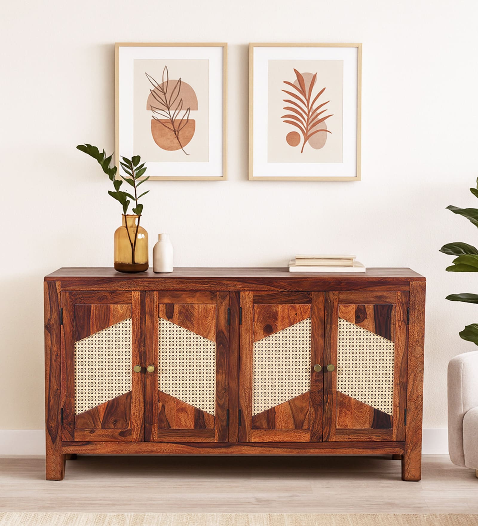 Adelaide Sheesham Wood 4 Door Sideboard In Honey Oak Finish