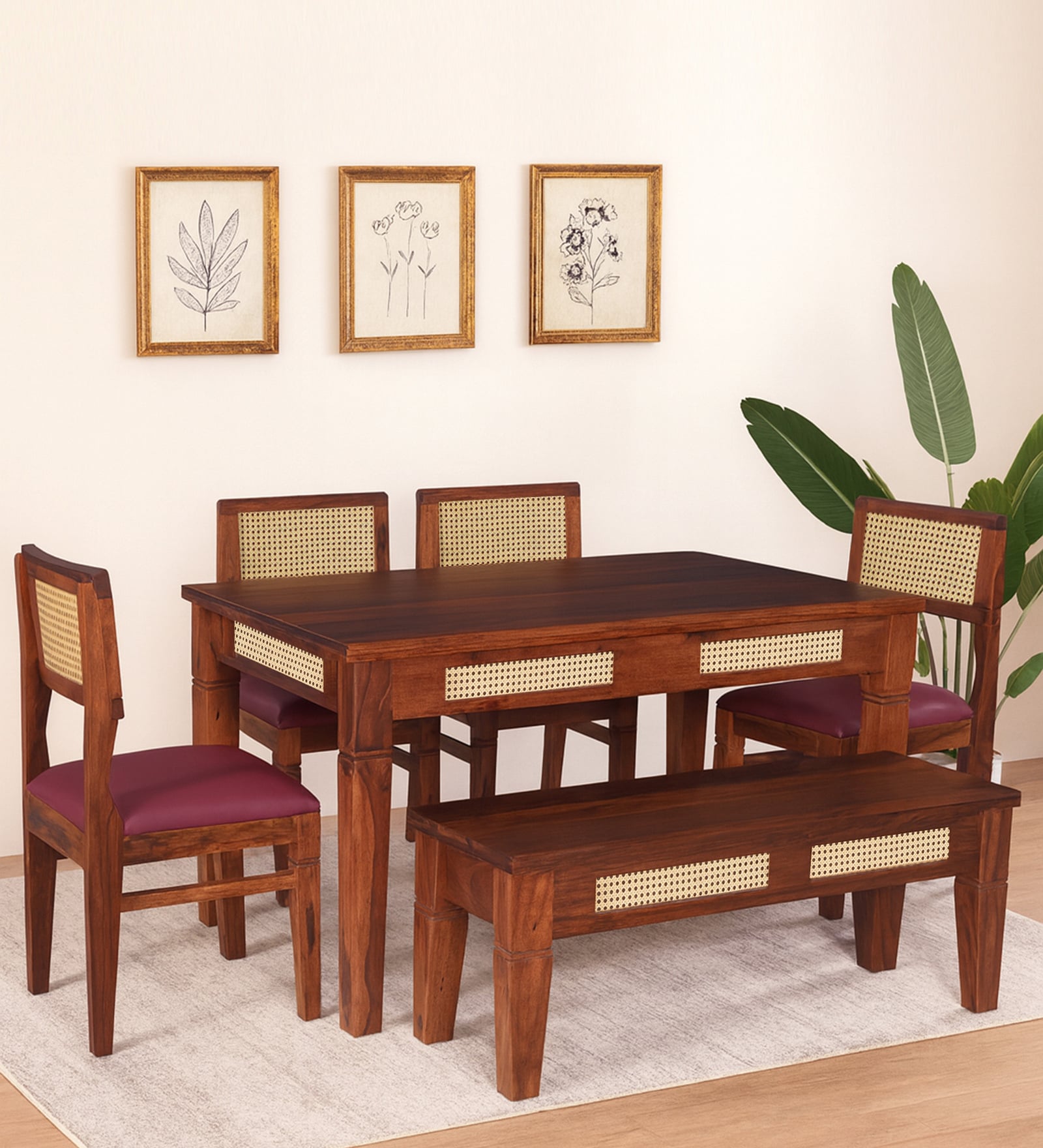 Adelaide Sheesham Wood 6 Seater Dining Set In Honey Oak Finish With Bench