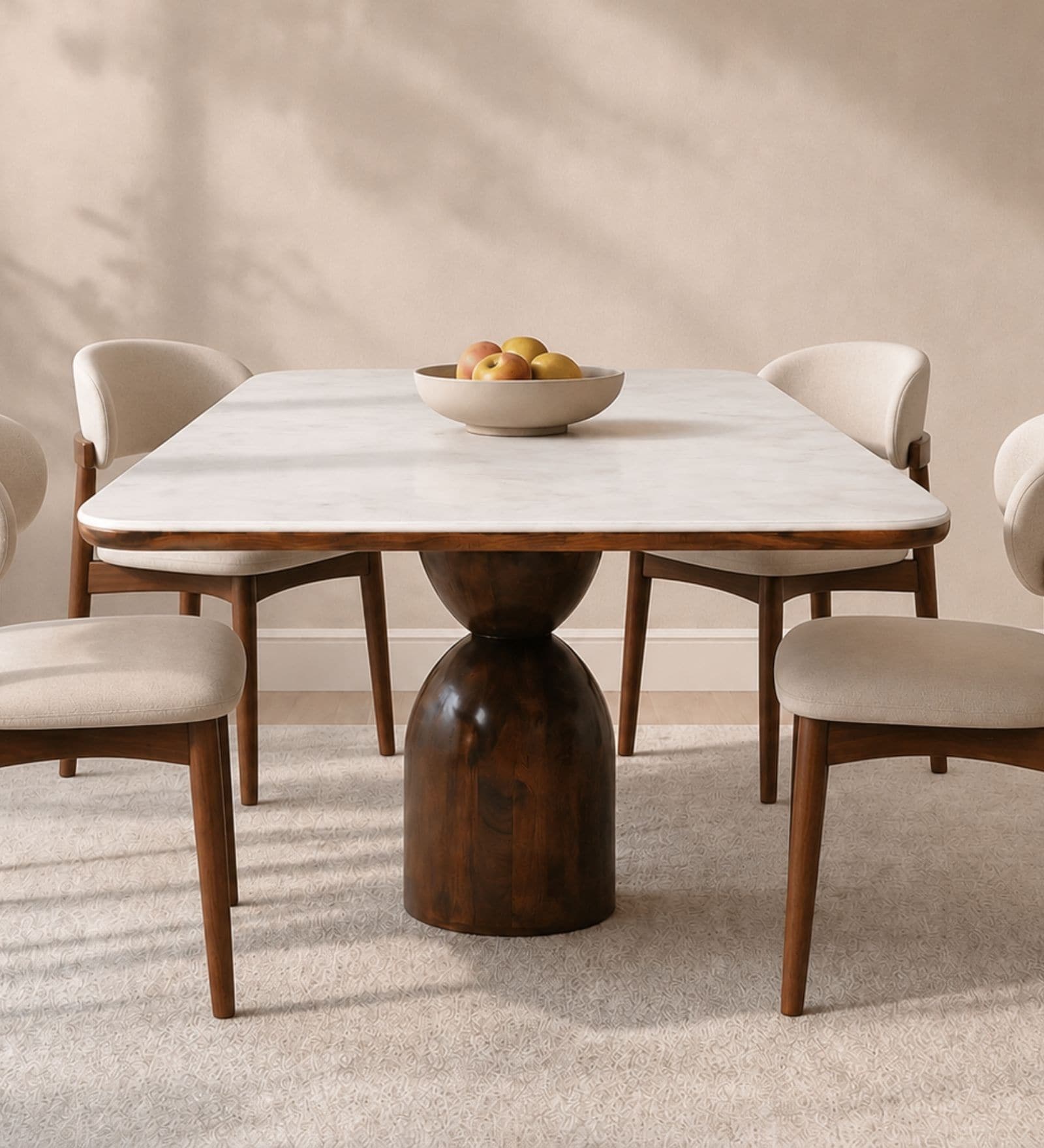 Adhira Marble-Top 4 Seater Dining Table Set In Mango Wood Finish