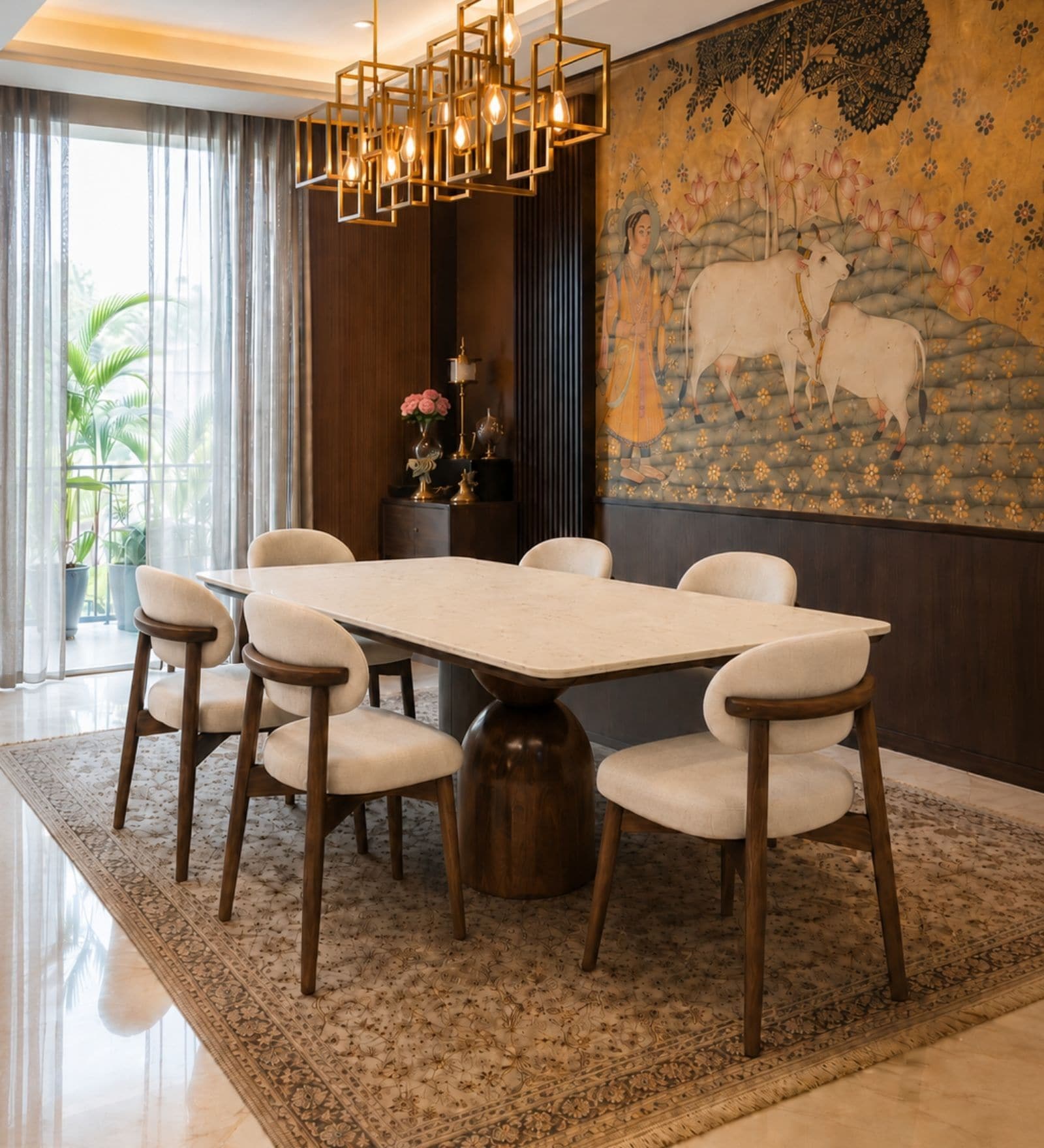 Adhira Marble-Top 6 Seater Dining Table Set In Teak Wood Finish