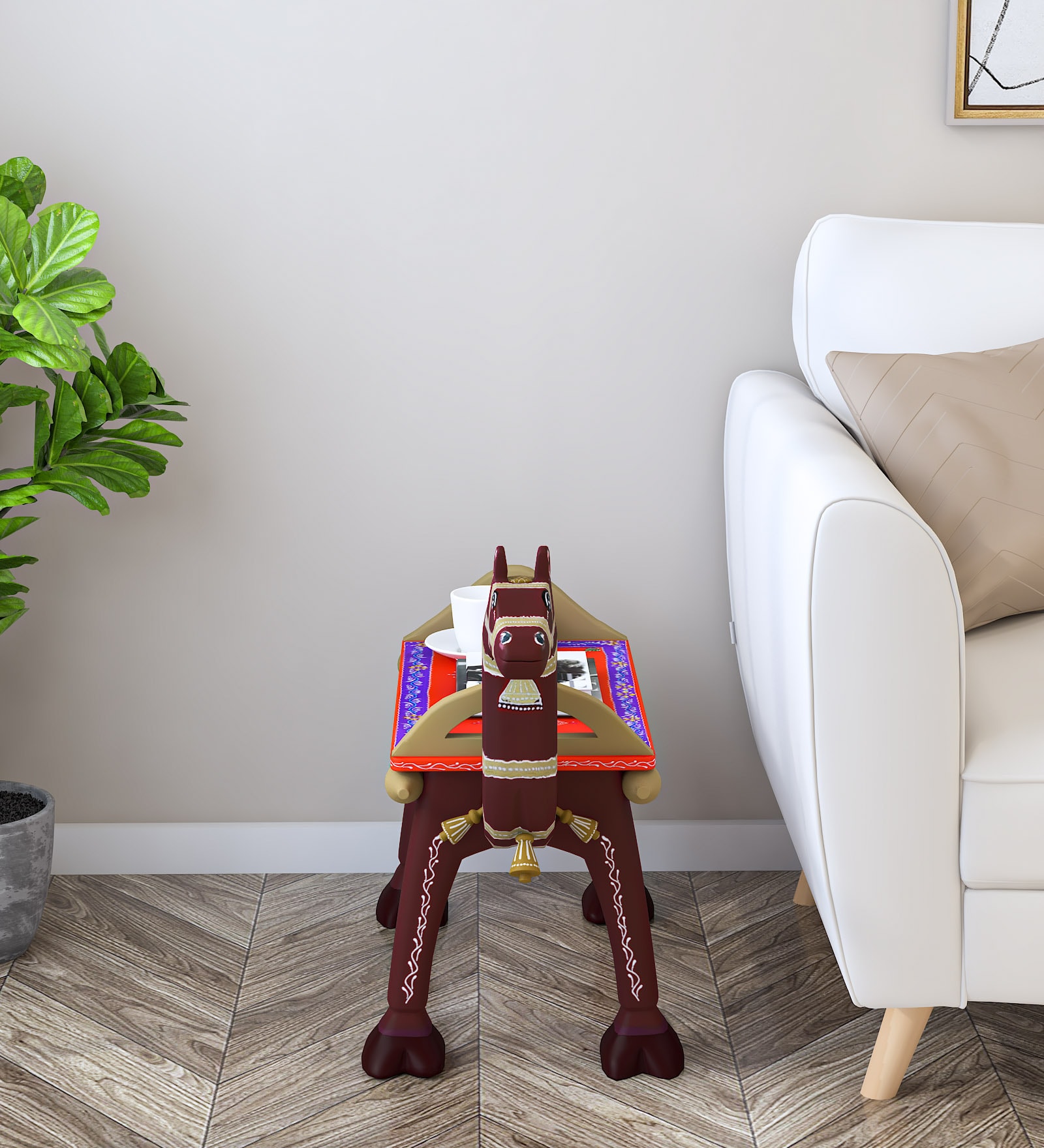 Alankaar Solid Wood End Table In Hand-Painted Multicolour with Tray Top