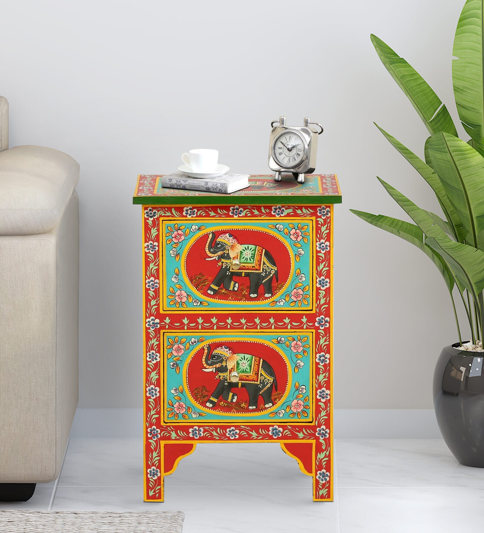 Alankaar Solid Wood End Table In Hand-Painted Multicolour with Drawers