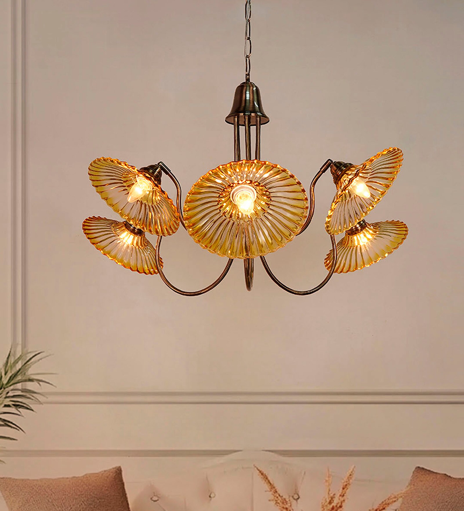 Adjustable Amber Glass Chandelier with U-Shaped Arms | Modern Industrial Style