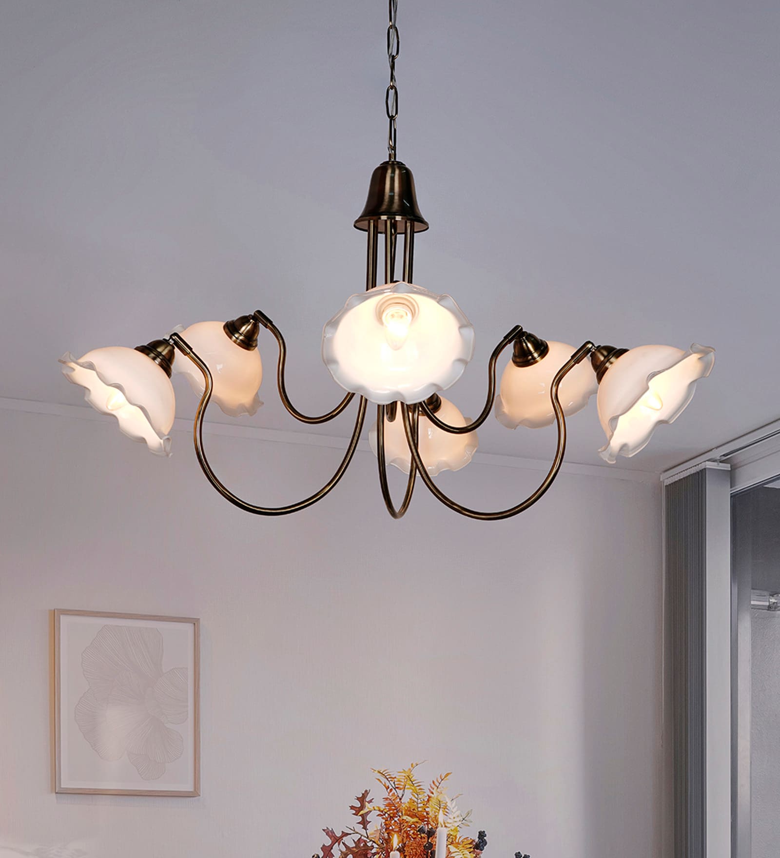 Adjustable Transitional Chandelier | 6-Light in White Frilled Glass