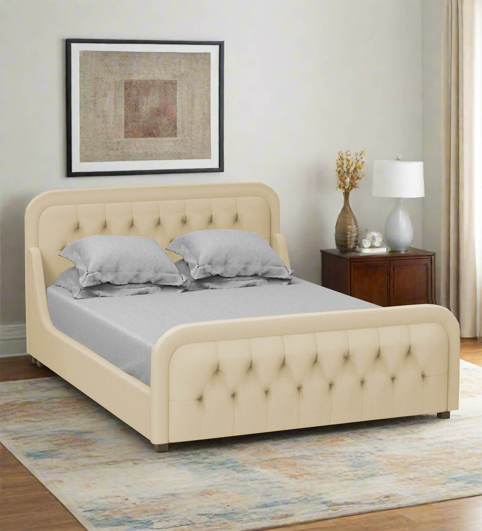 Adolf Velvet Queen Size Bed in Beige Colour