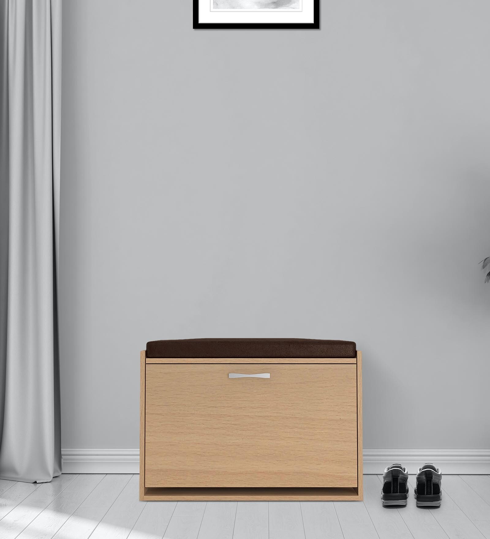 Acacia Pull-down Shoe Rack with Cushioned Seating in Canadian Maple Finish