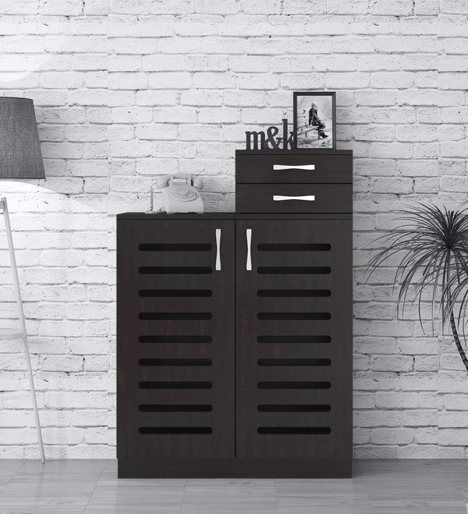 Austin Slatted 2 Door Shoe Cabinet with 2 Drawers in Antique Ebony Finish