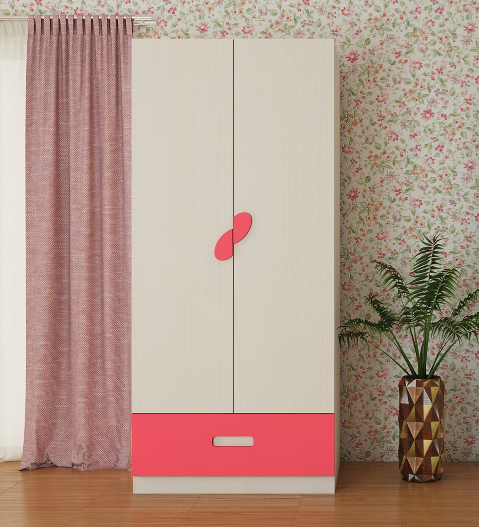 Adona Elanza 2-Door Kids Wardrobe with Drawer and Oval Handles Light Woodgrain