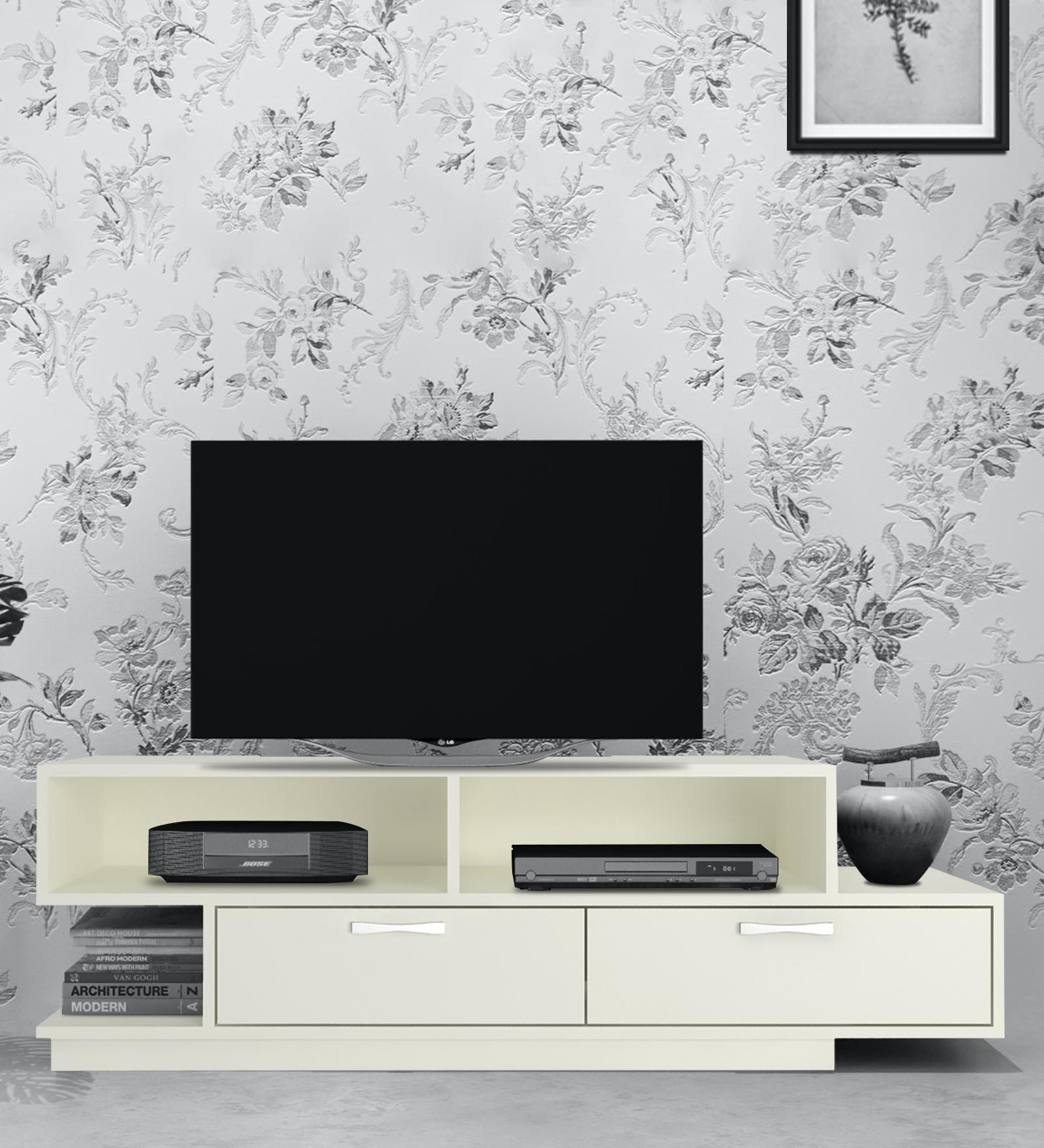 Evita TV console with 2 Drawers in Ivory Finish