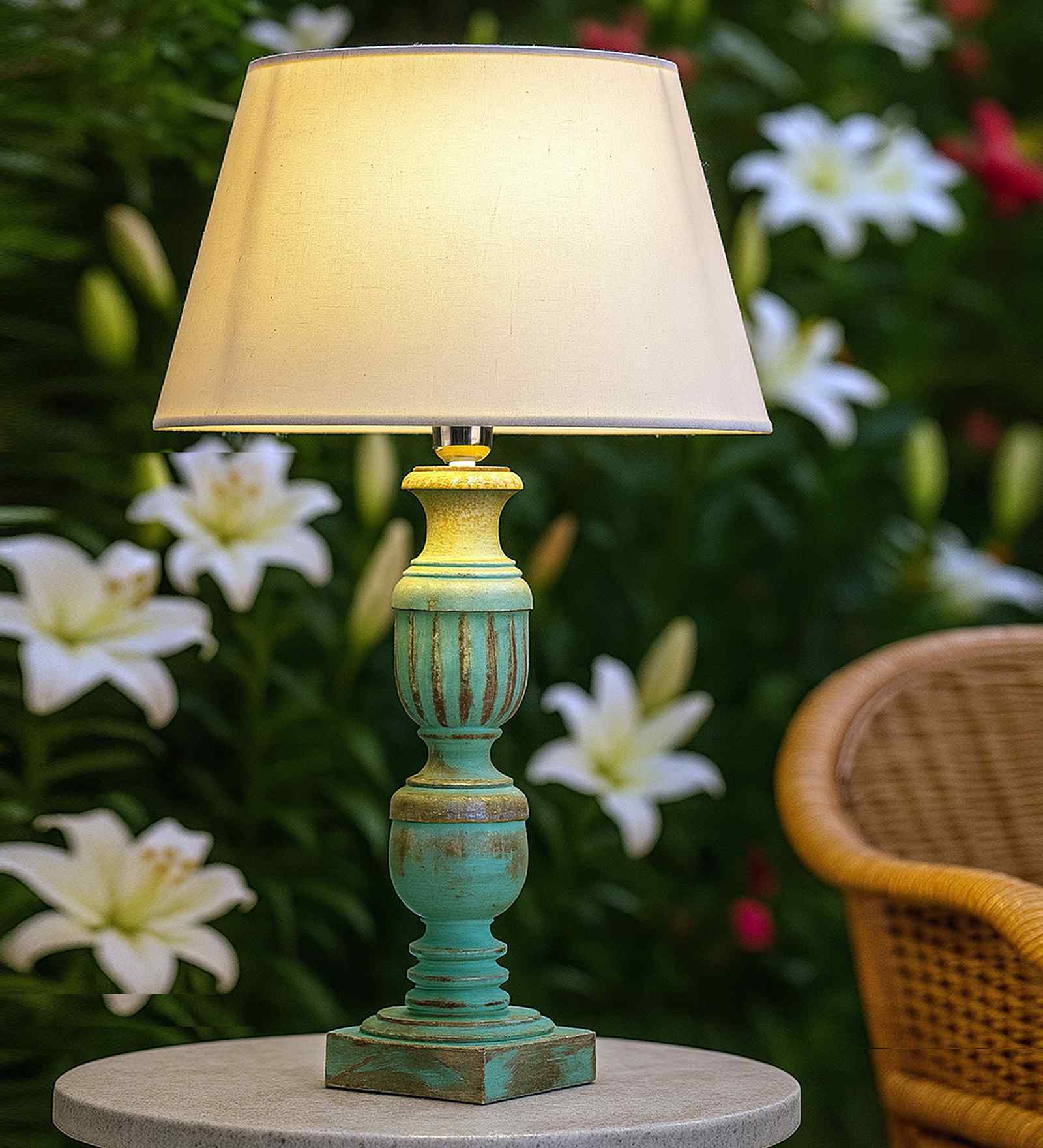 Adriana Off White Cotton Shade Night Lamp With Wood Base