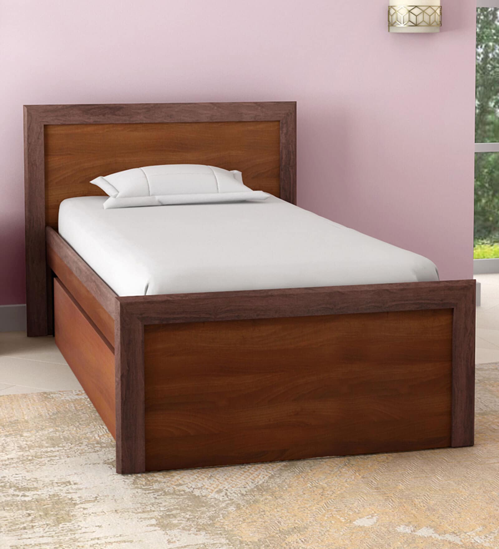 Adriana Single Size Bed with Drawer Storage in Walnut Finish