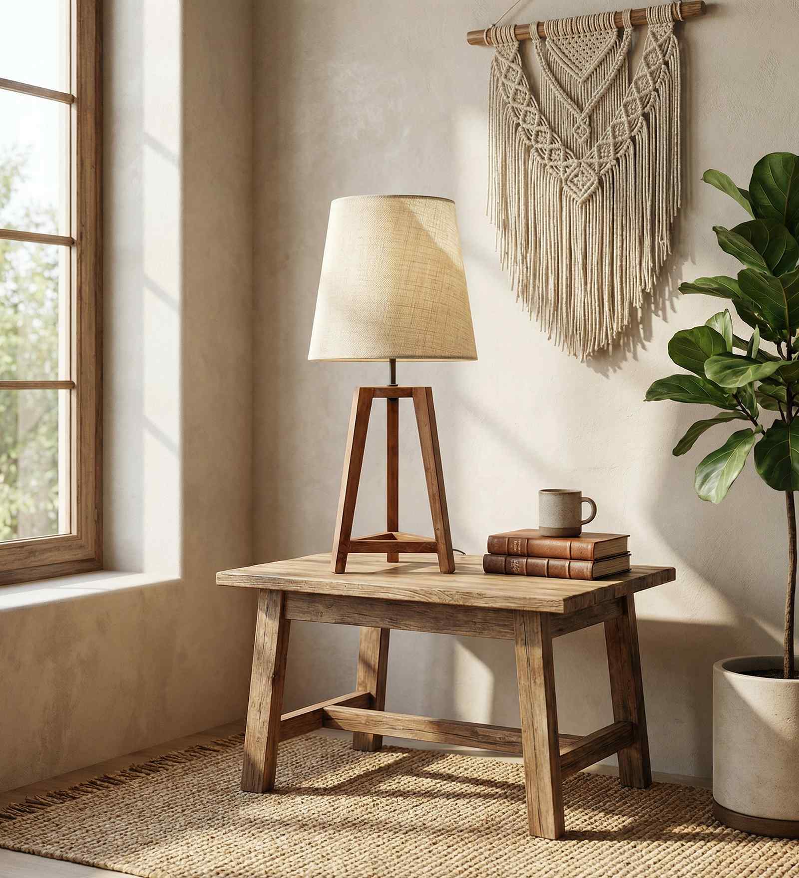 Adrienne Brown Wooden Table Lamp with White Jute Lampshade
