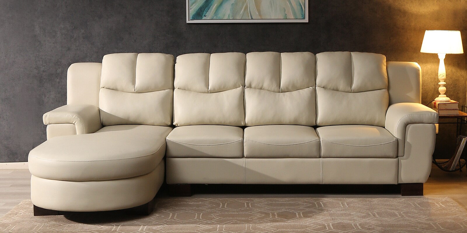 Buy Agropoli Leatherette RHS Sectional Sofa (3 + Lounger) in Cream