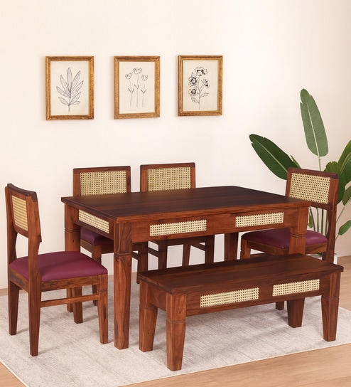 Adelaide Sheesham Wood 6 Seater Dining Set In Honey Oak Finish With Bench