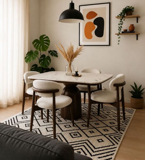 Adhira Marble-Top 4 Seater Dining Table Set In Mango Wood Finish