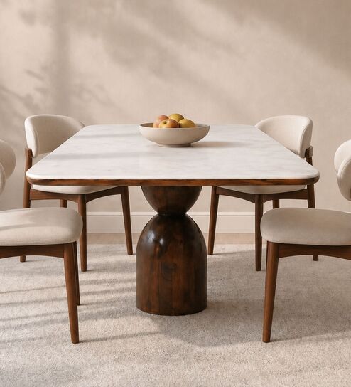 Adhira Marble-Top 4 Seater Dining Table Set In Mango Wood Finish