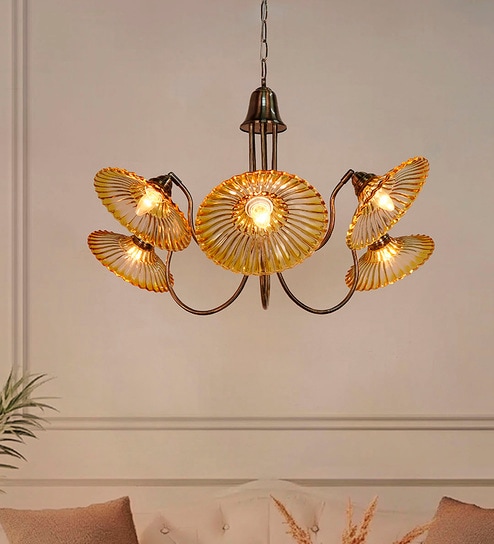 Adjustable Amber Glass Chandelier with U-Shaped Arms | Modern Industrial Style