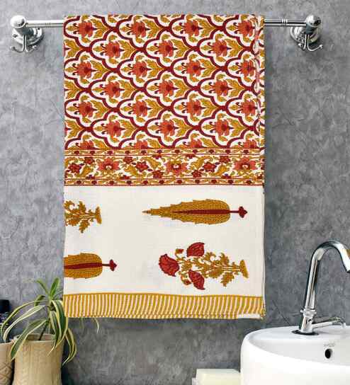 Adobe Red Madhuban Floral Waffle Cotton 250 GSM Bath Towel