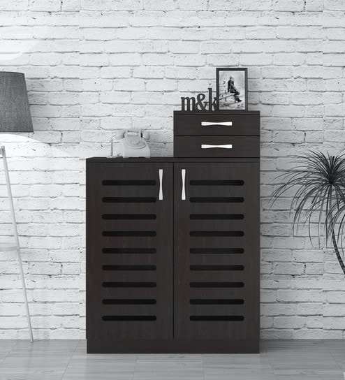 Austin Slatted 2 Door Shoe Cabinet with 2 Drawers in Antique Ebony Finish